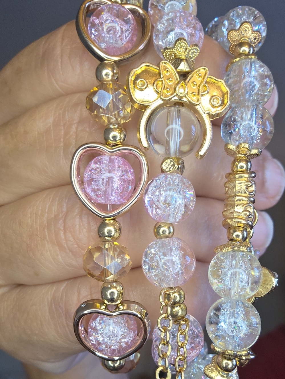 Gold-Tone Pink Crystal Heart & Beaded Stretch Bracelet Set